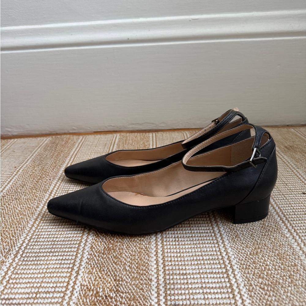 Black leather Ankle Strap Shoes low block heel - Picture 2 of 5